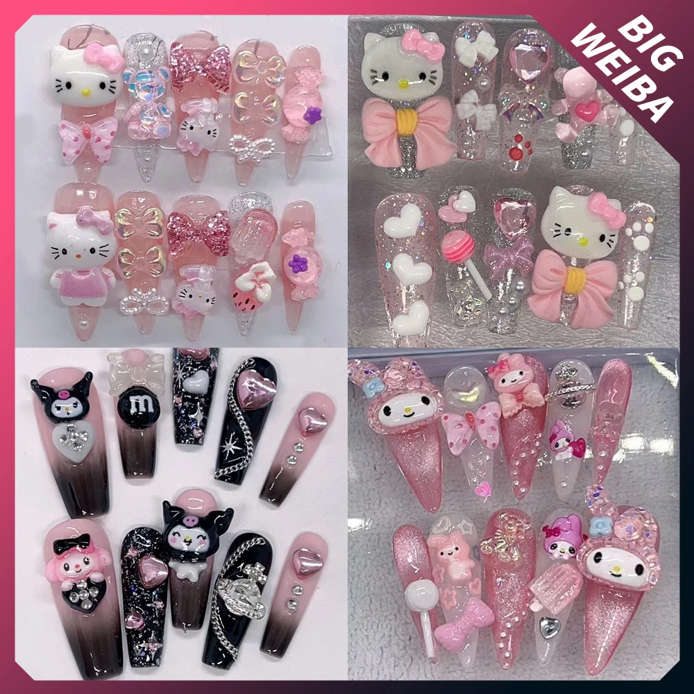 

Kawaii Cartoon Hello Kitty Cinnamoroll Mymelody Kuromi Kirby Fake Nails Long Coffin Stiletto Press On Square Head Handwork Nails