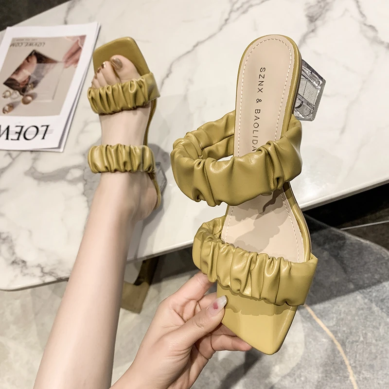 

Ladies sandals 2022summer new pleated material open toe mid-heel sandals, soft and comfortable female shoes