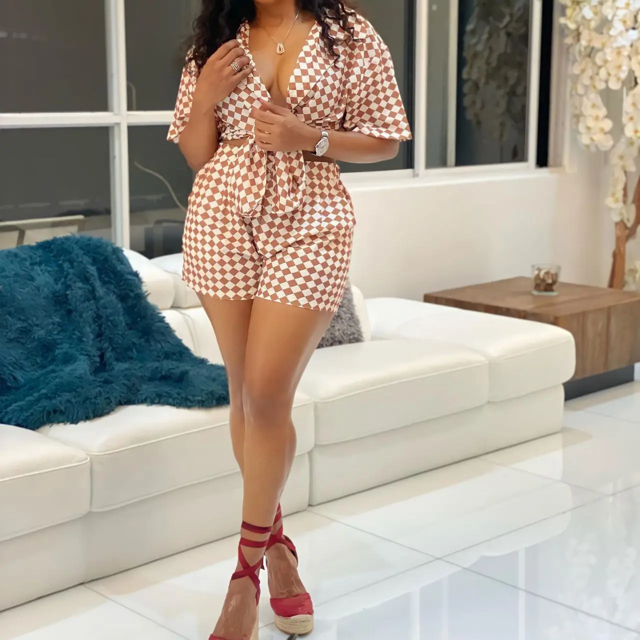 

Aniow Plaid Print Short Sleeve Lace Up Shirt Crop Top and Shorts with Pocket Two Piece Set Tracksuit Fashion Matching Set