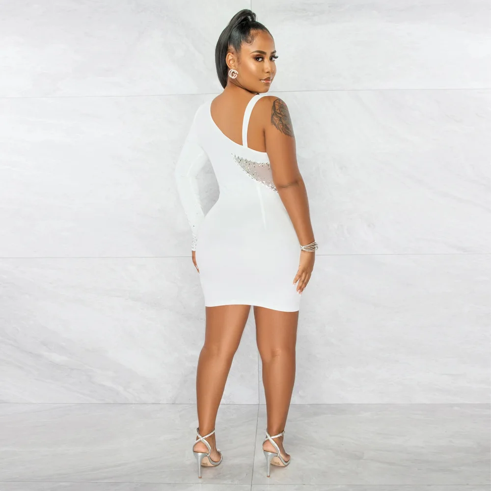 Women Sexy Sequins Evening Dress One Shoulder Long Sleeve Backless Nightclub Dress Fashion Bodycon Hollow  Mini Dresses