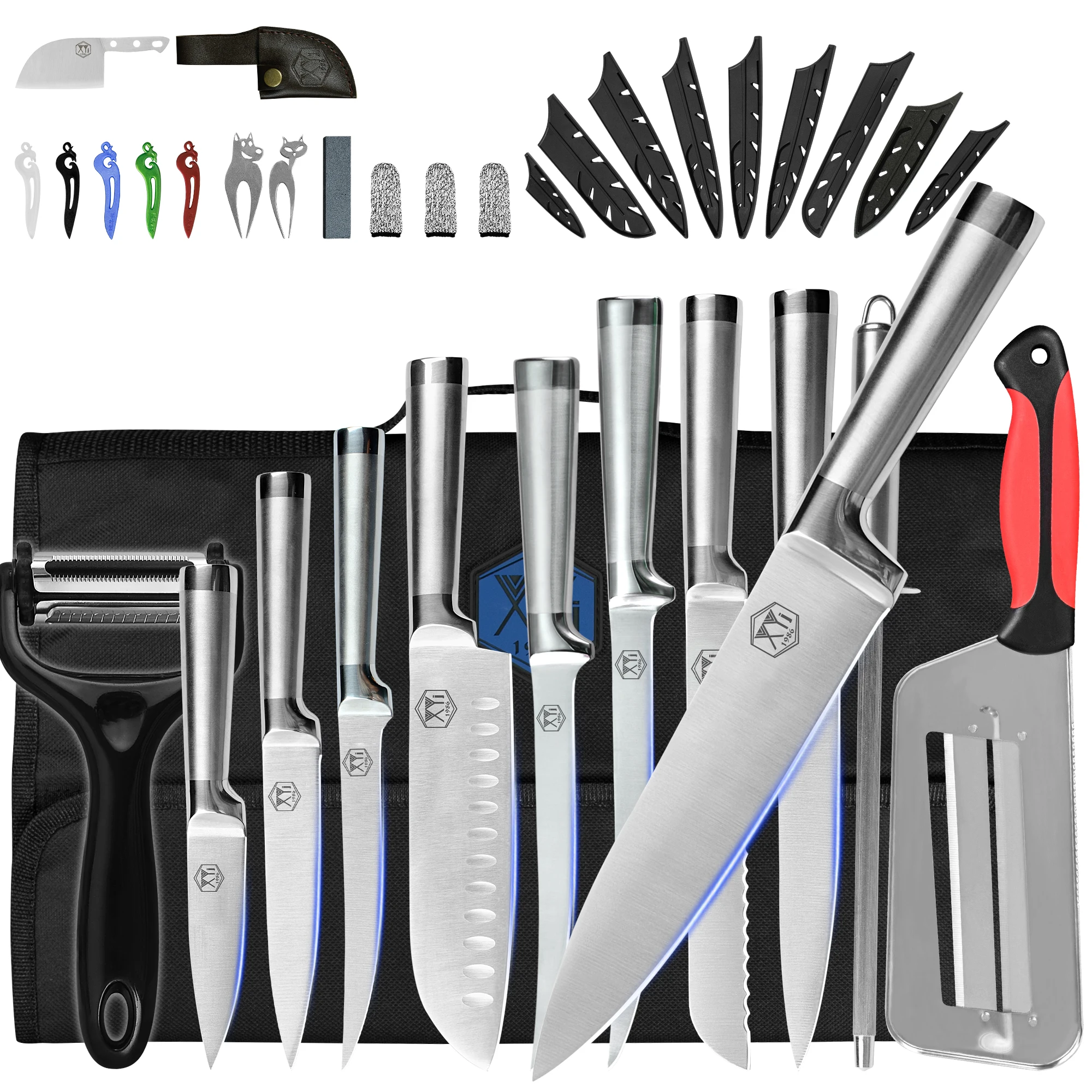 

XYJ 9pcs Chef Knife Japanese Kitchen Stainless Steel Cooking Knives Set In Roll Bag Honing Steel Peeler Blade Sheath Cover