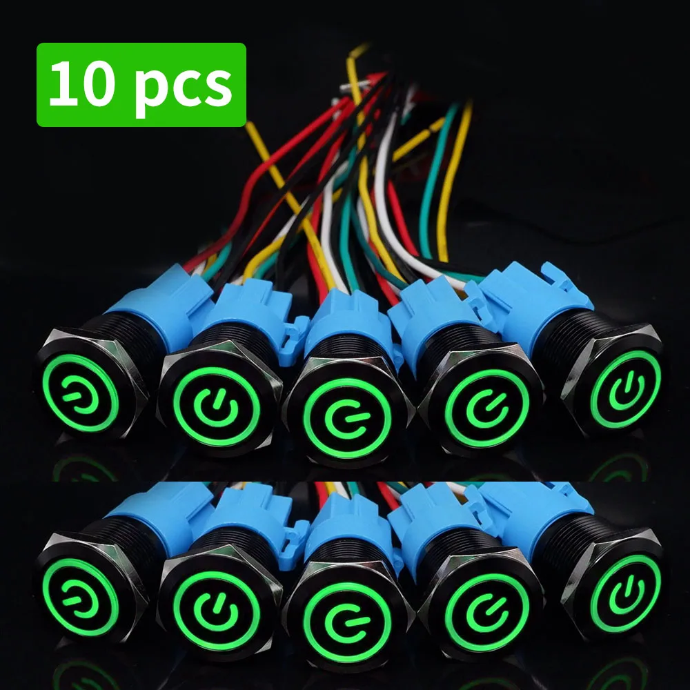 

Черный металлический кнопочный переключатель с проводом, 10 шт., водонепроницаемый, с подсветкой, мгновенное фиксация, 5 В, 12 В, 220 В, светодиодная лампа 16/19/22 мм, красный