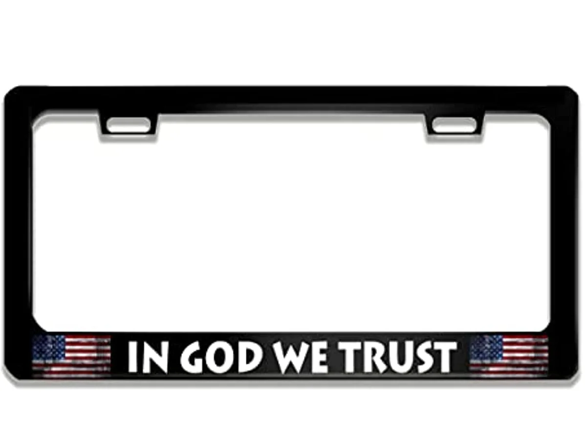 

In God We Trust License Plate Frame with American Flag Design Quality Metal Aluminum Car Cover Tag Holder Frames with 2 Holes