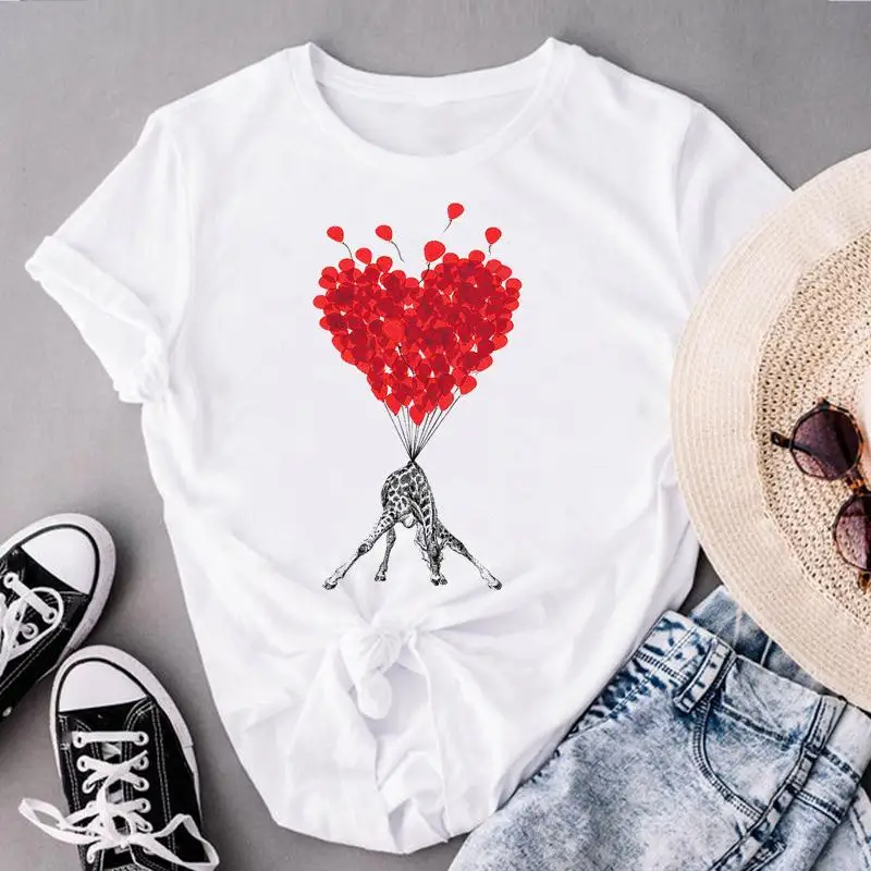 

Футболка женская с коротким рукавом, модная рубашка с принтом сердец Валентина, летняя одежда с графическим принтом