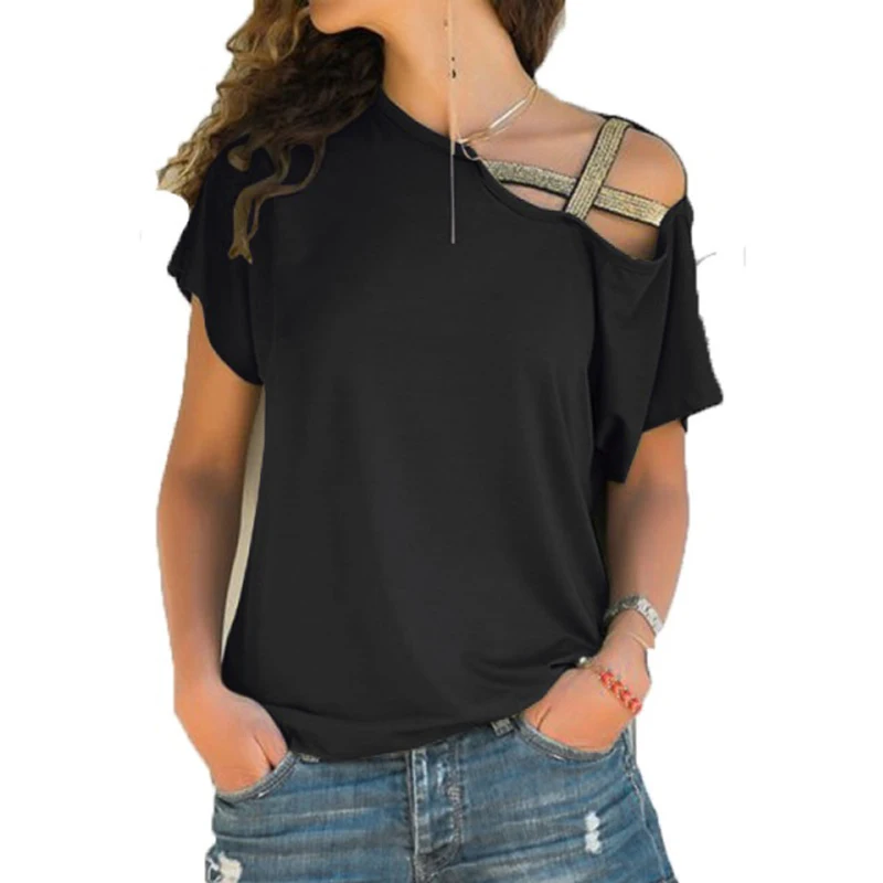 S-5xl Women's Diagonal collar irregular criss-cross shirt Patchwork solid top Single shoulder summer shirt hollowed-out sizing