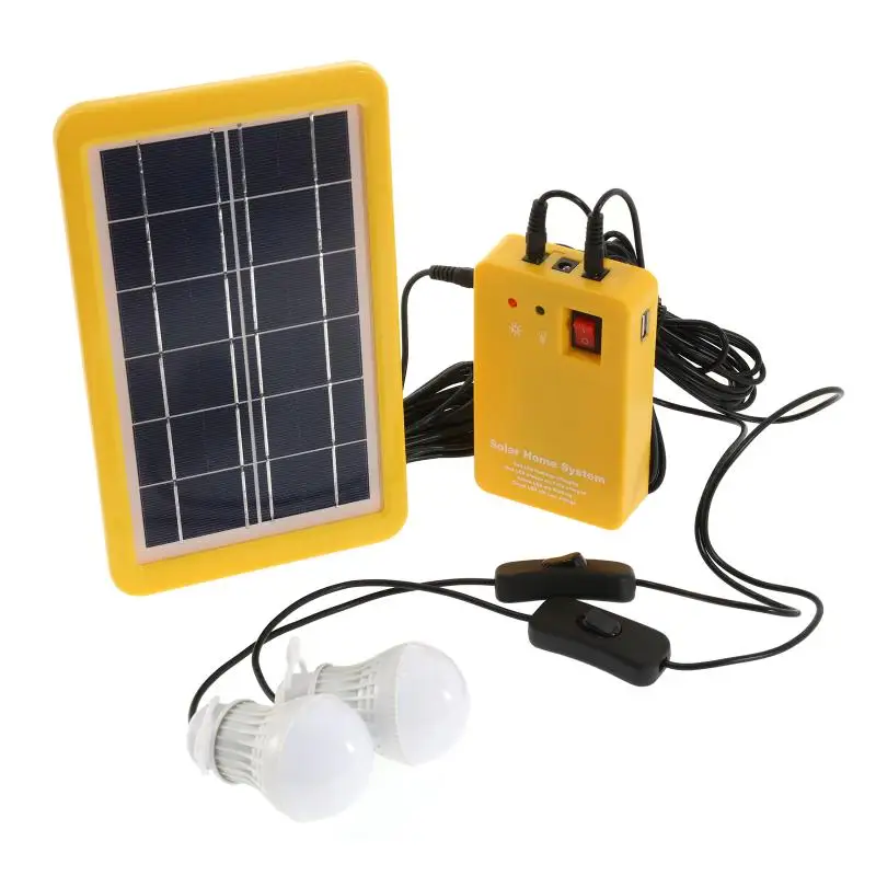 

3W Solar Panel Emergency Light Kit Solar Generator 4 Heads USB Charger Cable with 2 LED Light Bulb for Outdoor Camping Travel