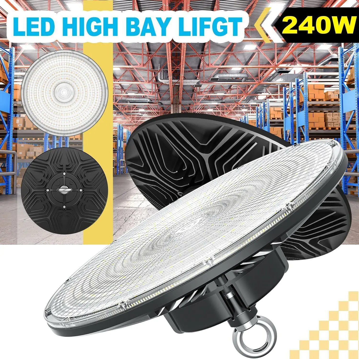 High Bay Light,240W UFO LED Light 36000lm (1000W HID/HPS Equiv.) UL/DLC Listed, 0-10V Dimmable,6ft Cable,5000K, IP65 Waterproof