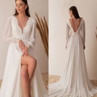 ivory lace chiffon long sleeves v neck split skirt boho beach wedding dresses chapel train custom made bridal gowns