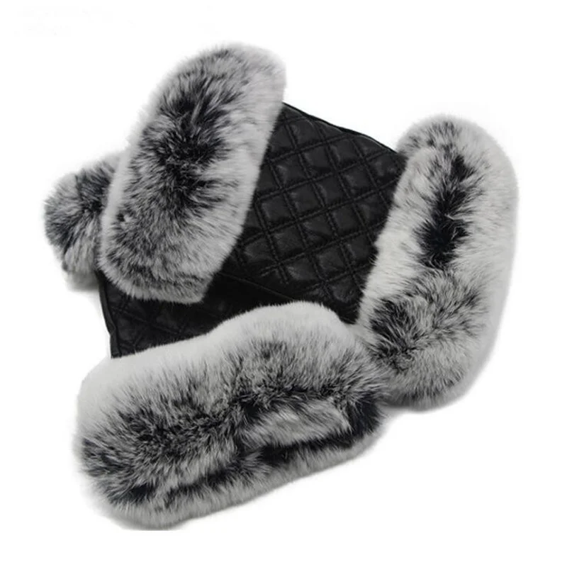 

Women Winter Warmer Wrist Genuine Leather Rex Rabbit Fur Fingerless Driving Gloves Plaid Sheepskin Mittens Luva Feminina