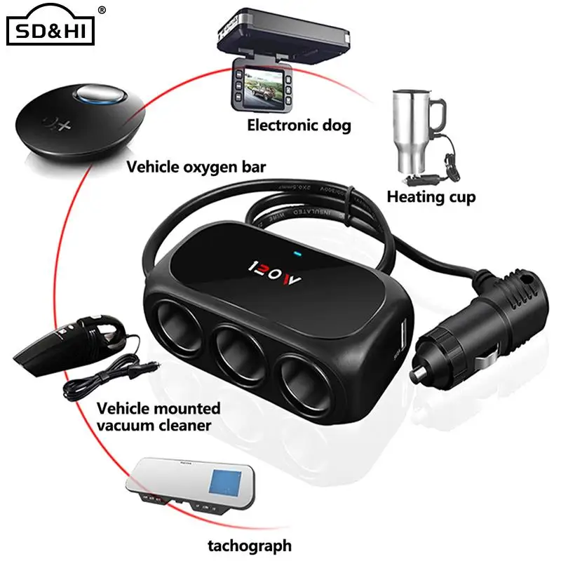 

3 Socket Cigarette Lighter Splitter 120W 12V 24V Car Charger Adapter Dual USB LED Car Fast Charger for iPhone iPad GPS Dashcam