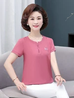 2022 summer women red pink blouses short sleeve round collar button front design thin fabric top middle aged ladies clothings