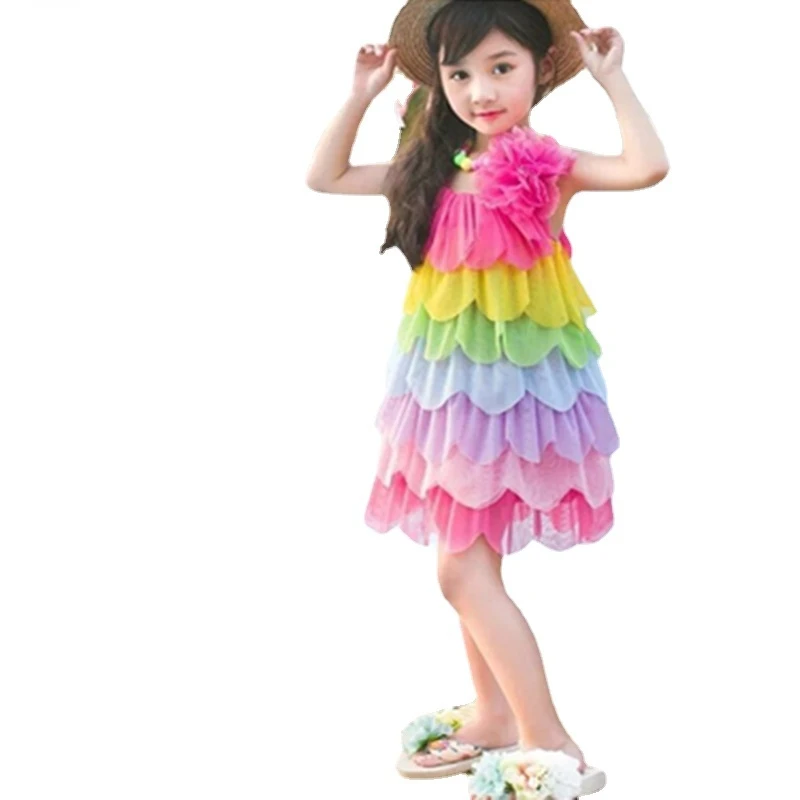 

2022 Summer Girls Rainbow Dress Sundress Kids Sling Dresses for Girl Teenager Party Princess Beach Clothing