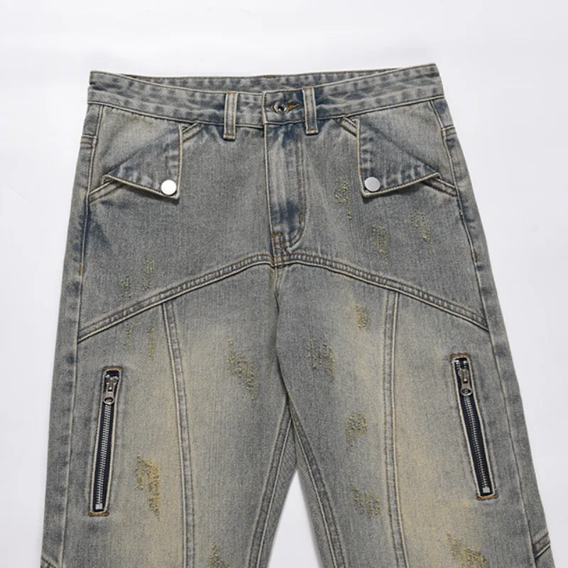 Hip Hip Streetwear Denim Straight Pants Mens Harajuku Retro Washed Cotton Casual Zipper Joggers Jeans Trousers Pants Jean Men