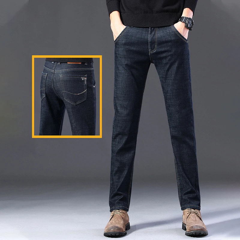 2022 Winter Brand Fit Straight Fleece Thick Warm Jeans Classic Youth Men's Business Casual High Street Denim Jeans New