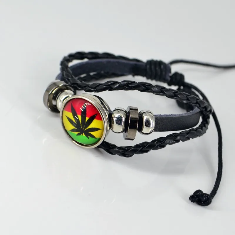 

10x Snap Buttons Weed Leaf Jamaica Rasta Reggae Punk Hiphop Leather Bracelet red yellow green Wristband Fashion Jewelry