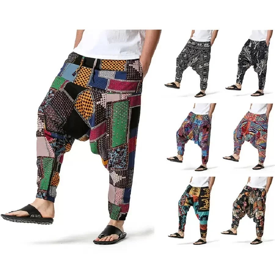 

Men Casual Cotton Harem Pants Bohemian Style Joggers Yoga Vintage Baggy Trousers Sarouel Homme Hippy Hose HK02