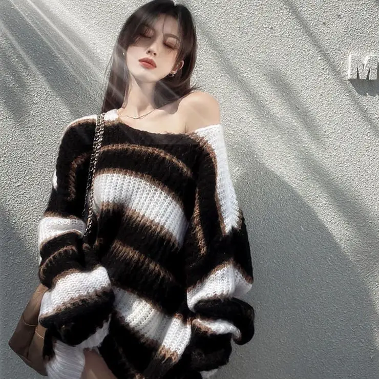 

Traf Sweater Striped Knit Sweater Pullover Loose Outer Sweater Jacket Top