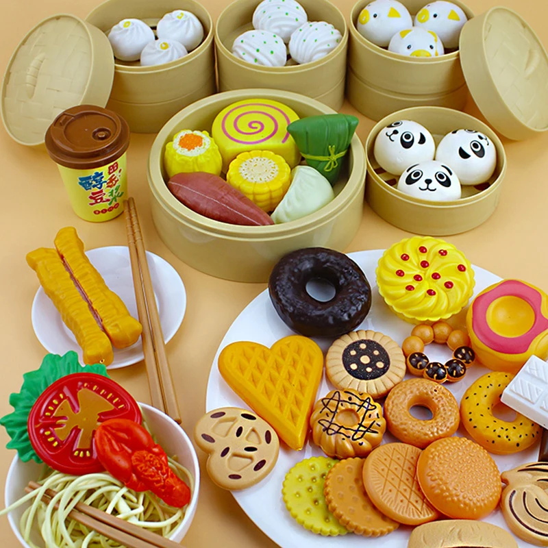 Kitchen Pretend Play Food Set Steamer Bun Induction Cooker for Kid Chinese Asia Restaurant Food Playset DimSum Cake Toy for Gift