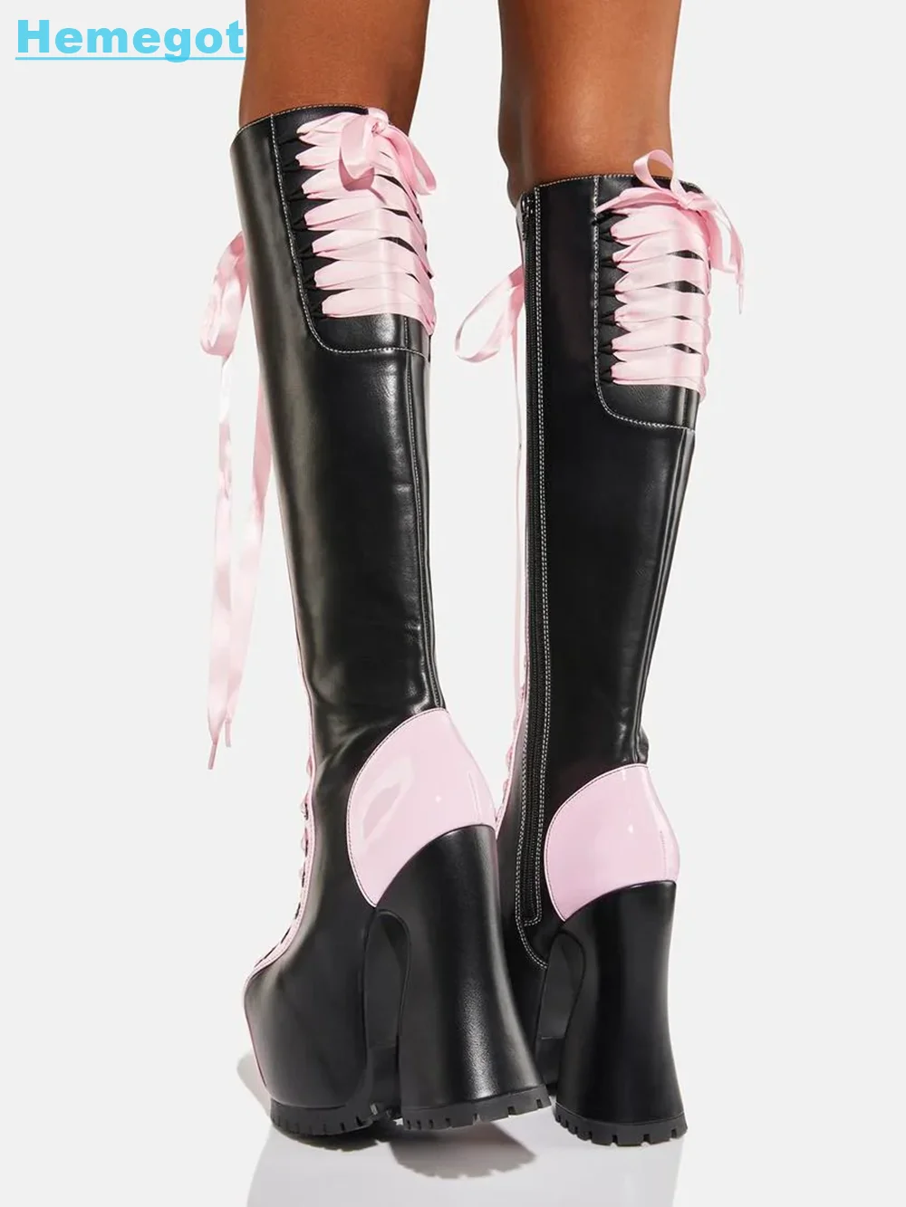 Platform Ribbon Lace-Up Knee-High Boots Chunky Heel Pink Black Mixed Colors Side Zipper Sexy Women Shoes Fashion Autumn Winter