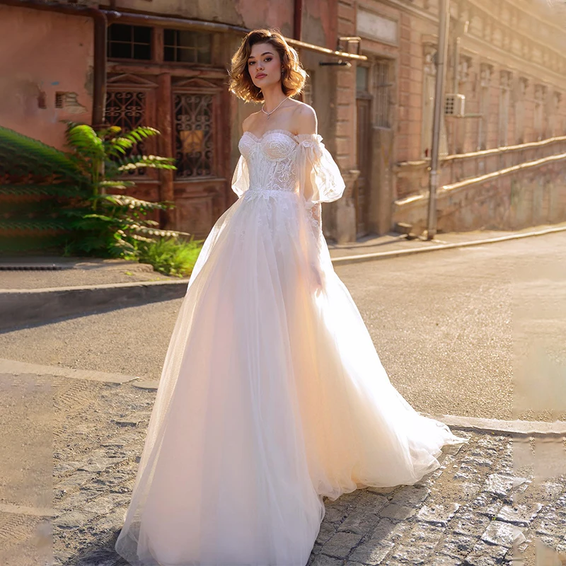 

Exquisite Sweetheart Neck Boho Wedding Dresses Puff Sleeve Lace Appliques Floor Length Bridal Gowns Vestidos De Noiva