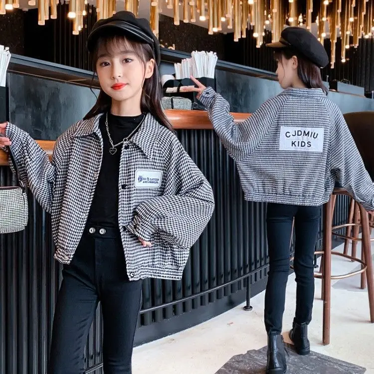 

Демисезонная куртка для девочек, Корейский детский свободный клетчатый топ с длинными рукавами и отложным воротником, детская одежда, 2022