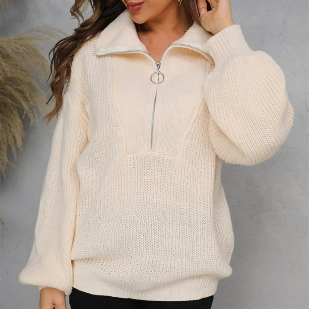 

Lapel Lantern Long Sleeve Zipper Half Placket Knitted Sweater Autumn Winter Solid Color Loose Sweater Jumper Female Clothing