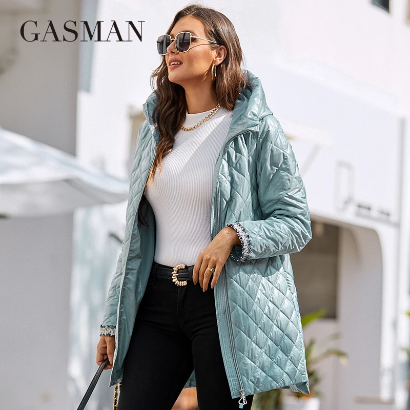 GASMAN 2022 New Spring Autumn Women coat Simple Mid-Length Fashion unique splicing Hooded design Women's spring jackets 8220