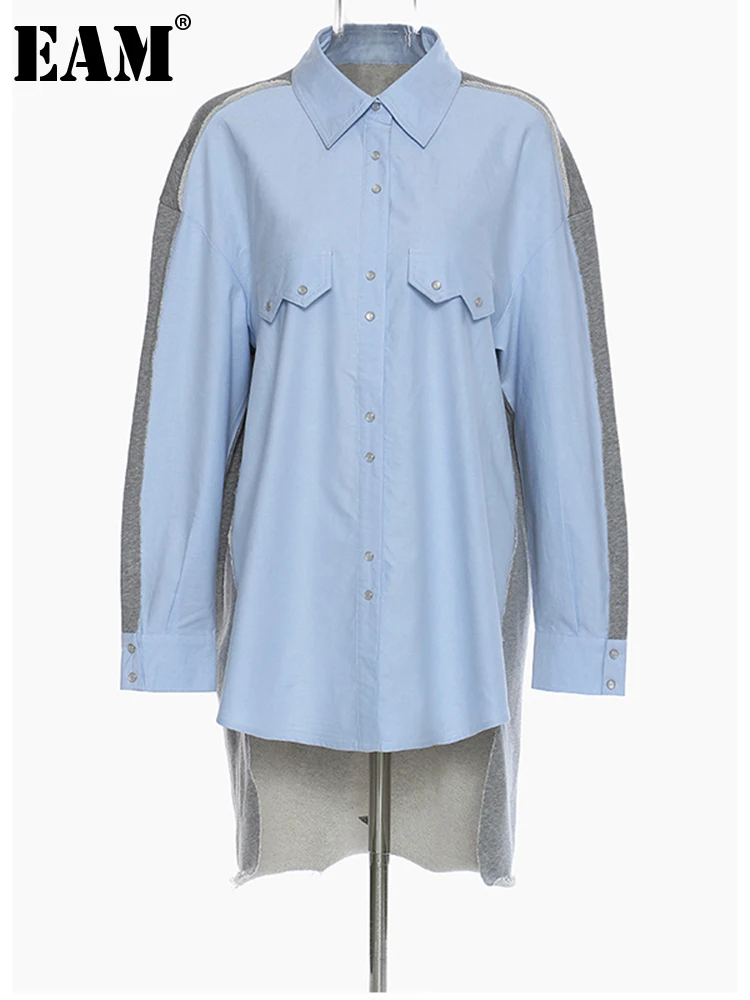 

[EAM] Women Blue Big Size Irregular Long Blouse New Lapel Long Sleeve Loose Fit Shirt Fashion Tide Spring Autumn 2022 1DD6624