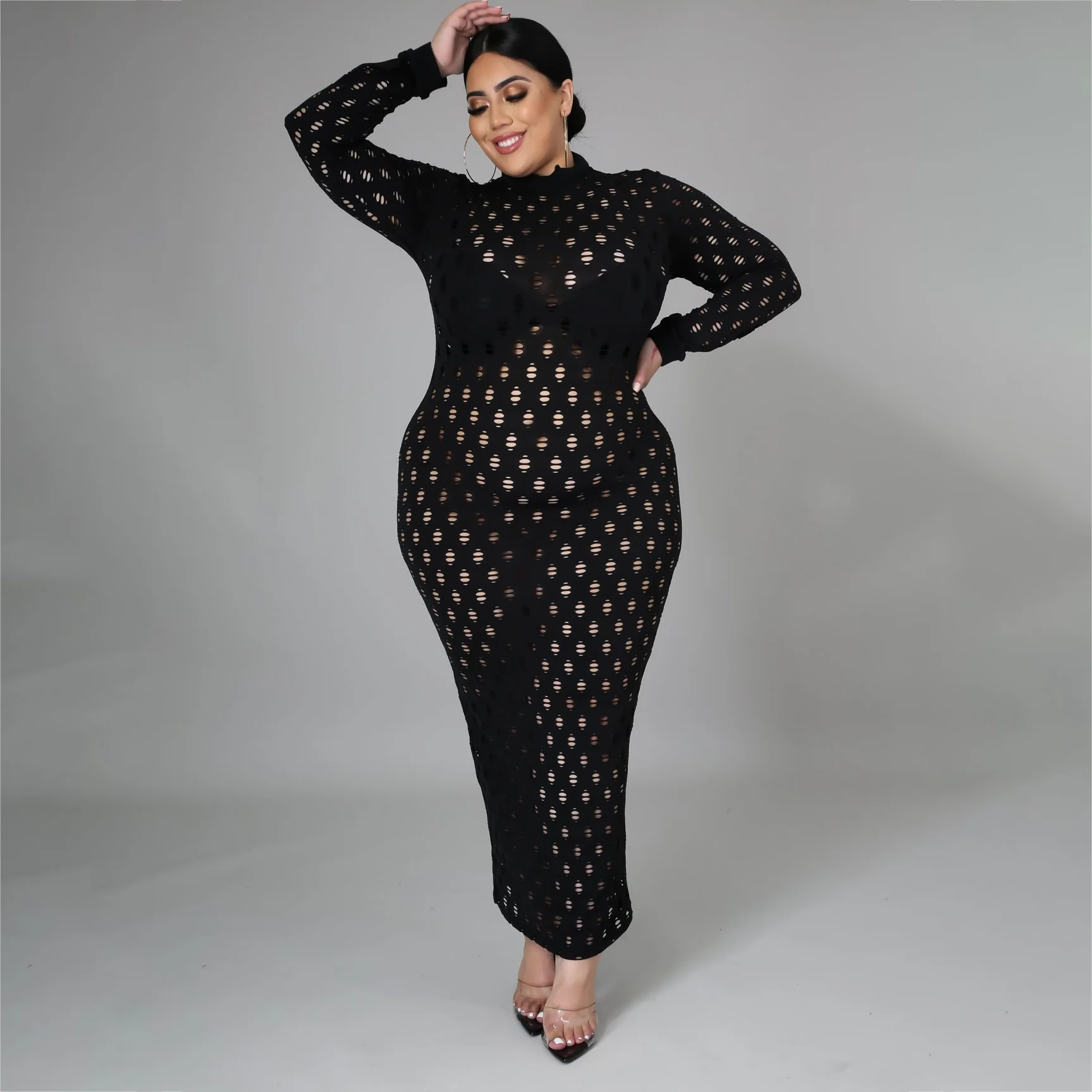 Women's Fashion Long Sleeve Solid Color Hollow Dress Mesh Stretch Long Skirt Plus Size Slim Sexy Dress Elegant Bottoming Skirt