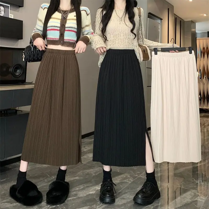 

2023 New Spring Autumn Korean Pleated Skirt Stylish Elastic High Waist Slit Skirts For Women Clothes Split Slim A-line Skirt 941