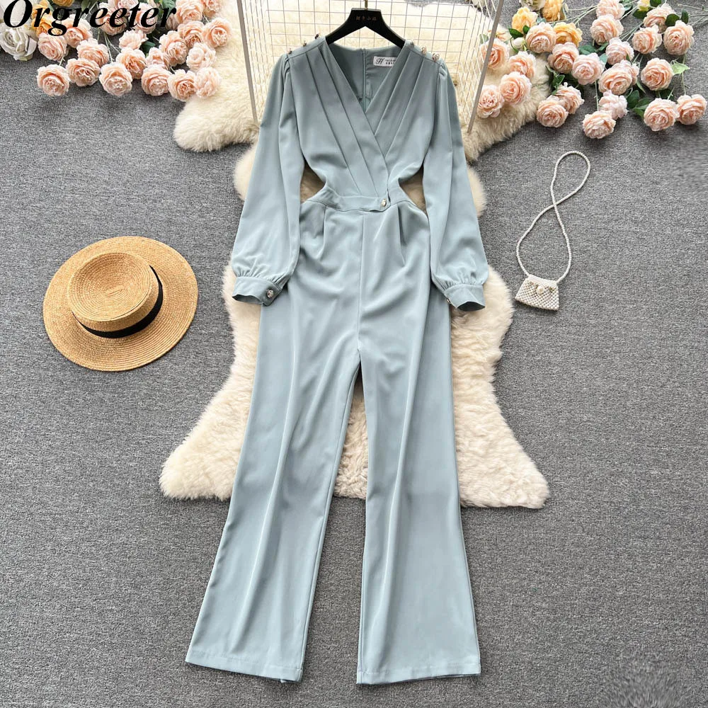 

Женский однотонный комбинезон на пуговицах, Элегантный Приталенный комбинезон с V-образным вырезом и длинным рукавом, комбинезоны с широкими штанинами, весна-осень