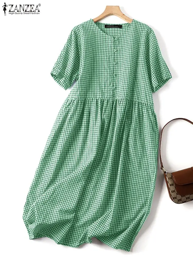 

Винтажное женское платье для отдыха ZANZEA 2023 Ретро клетчатое платье миди для свиданий свободное платье с коротким рукавом с круглым вырезом х...