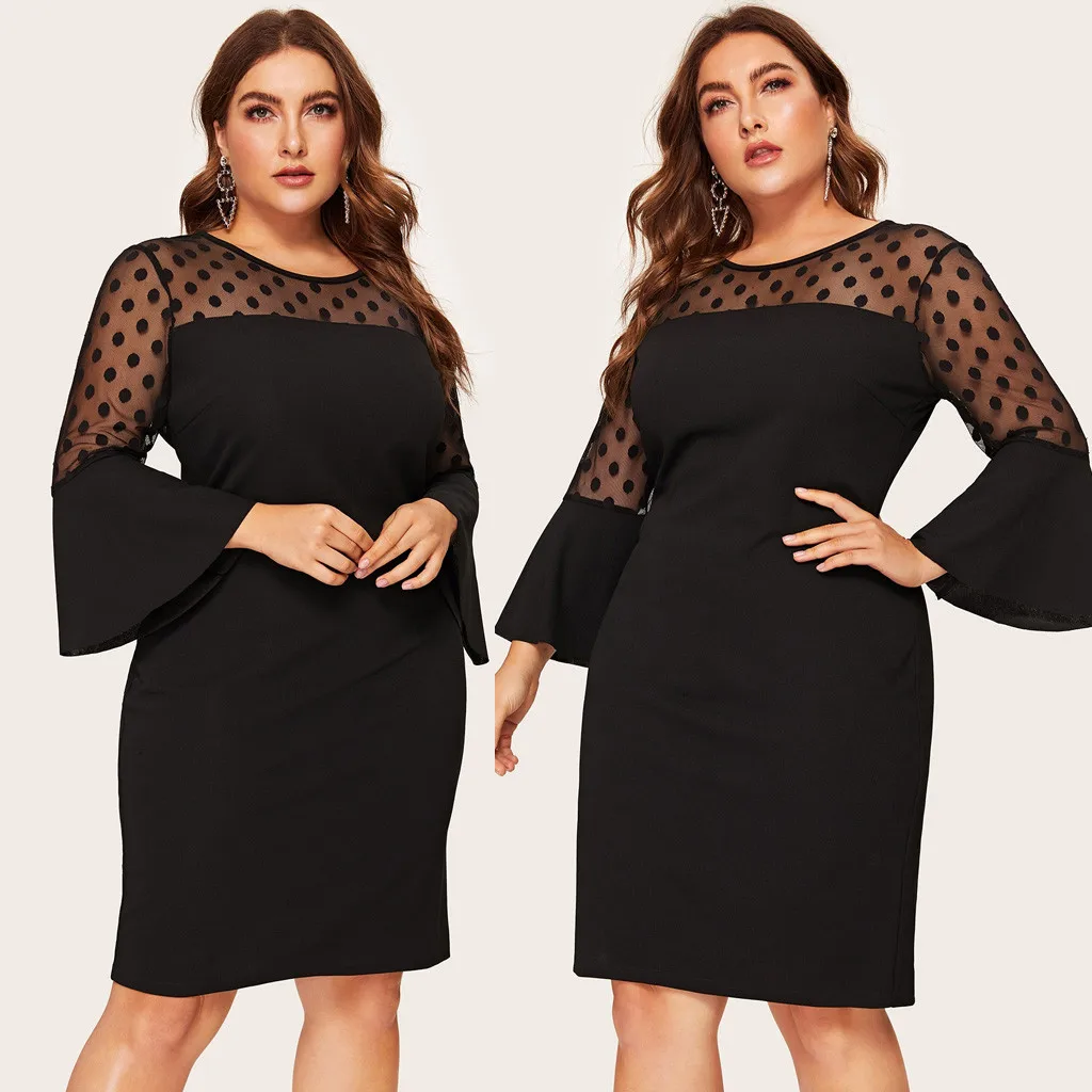 

Party Dresses For 2023 Elegant Sexy Mesh Stitching Evening Dress Women Chic O Neck Long Flare Sleeve Slim Bodycon Dress Vestido