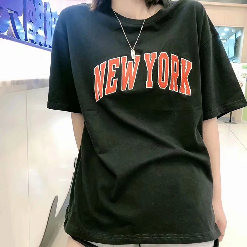 

Classic Letter Embroidery Cotton T-shirt New Loose Fashion Streetwear Short Sleeve Tees Casual Vintage Y2K Top For Women Clothes