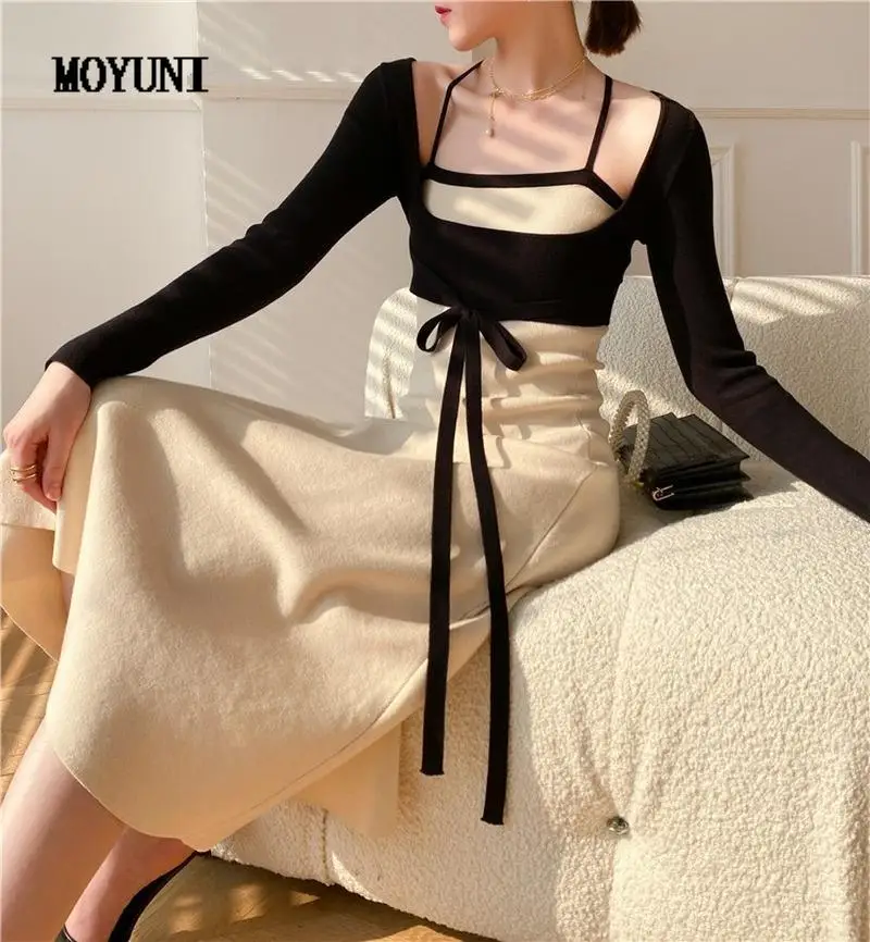 

Conjuntos De Vestido 2piece Sets Outifits Elegant Sexy Swing Strap Knitted Dress Women Square Sweater Crop Bandage Coat Top