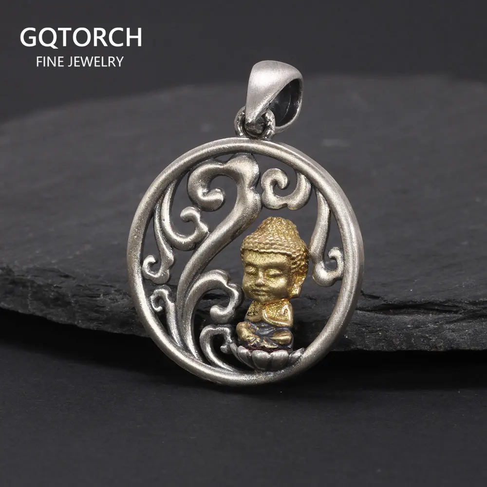 

925 Sterling Silver Hollow Round Pendant Necklace Buddhist Retro Jewelry for Men and Women