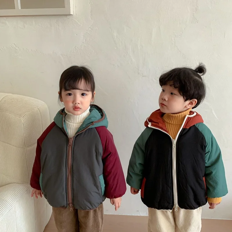 

2022 Winter Children cotton-padded hooded coats both sides zipper contrast color parkas Boys and Girls warm thicken outerwear