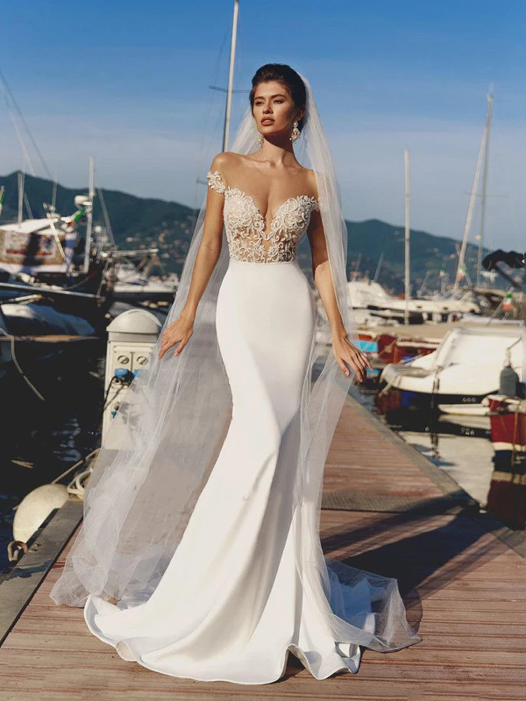 

New Simple Style Sexy Perspective Beach Mermaid Wedding Dress Retro Sleeveless Strapless Lace Pattern O Neck Bridal Dress