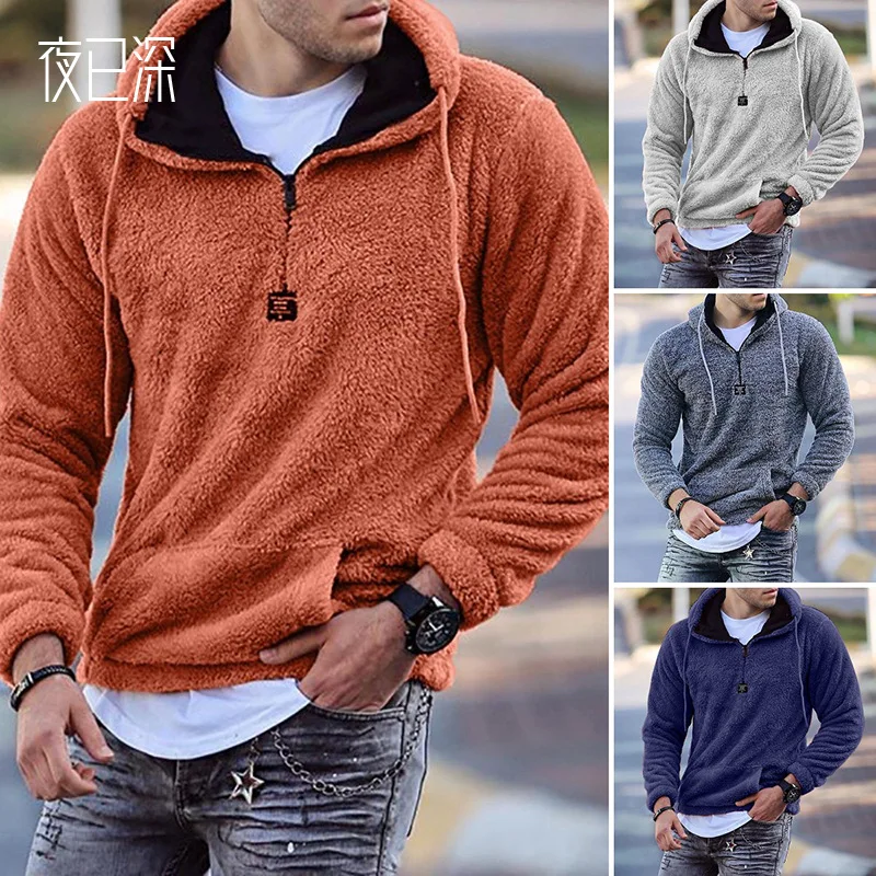 

Men Plush Hoodie Spring Autumn Patchwork Pocket Loose Hoodie Men Casual Hooded Long Sleeve Pullover Sweatshirt Streetwear