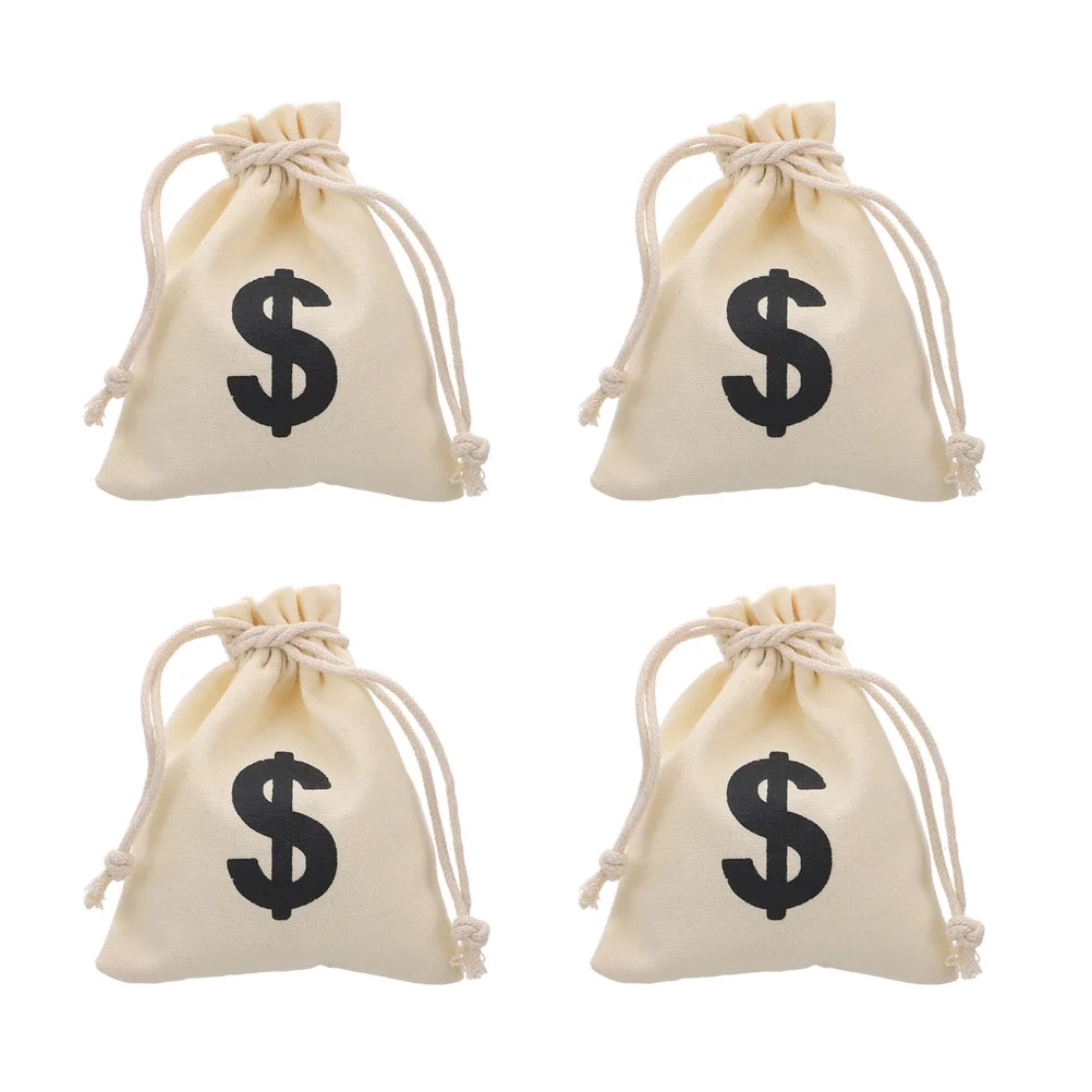 

4pcs Canvas Drawstring Bags Party Gift Candy Pouch Dollar Sign Coin Storage Bag