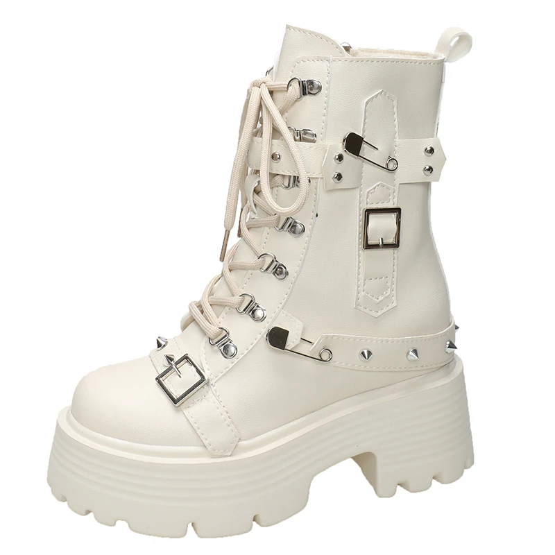 

Women Autumn Winter Warm Plush Punk Boots Fashion Chunky Leather Sneakers 9CM Wedge Buckle Rivet Platform Motorcycle Ankle Boots