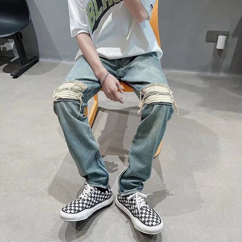 Summer Ripped Skinny Jeans Men Slim Fashion Casual Blue Straight Jeans Men Streetwear Hip Hop Holes Denim Pants Mens Trousers