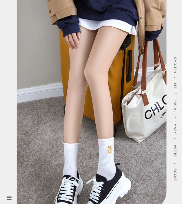 Women's Girls Winter Thick Warm Plush Lining Bare Leg Artifact Leggings Natural 2Pcs