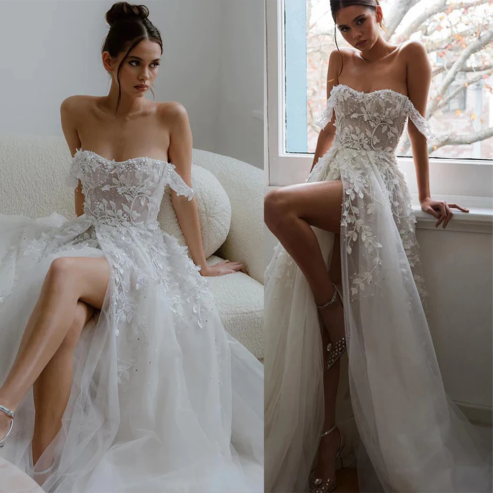 

Vintage Off The Shoulder Sweetheat Lace Applique Tulle A Line Wedding Dreses Side Slit 2023 Formal Bridal Grown Rode De Morrie