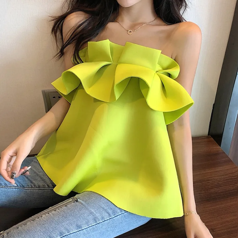 

Kio Sleeveless Blouses Strapless Women Blusas Clothes Ruffle Sweet Shirt Korean Short Blouse Fashion Ladies Tops