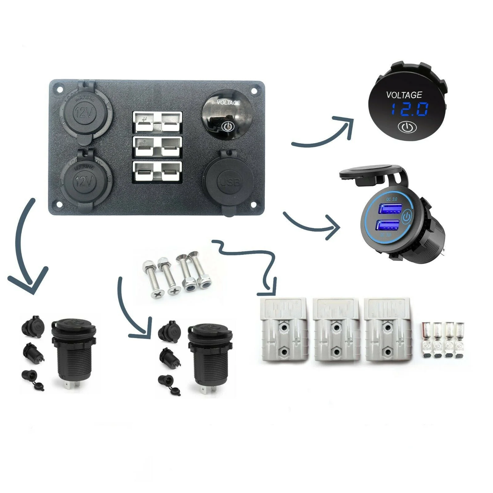 

Triple 50 Amp Plug USB / Cigarette Socket Flush Mount Recessed Plate