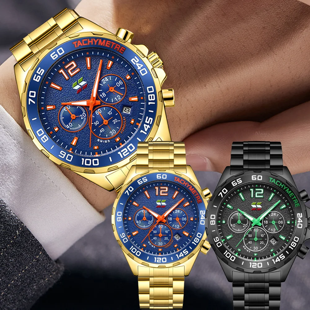 

SWISH Top Luxury Gold Dress Watch for Men Quartz Clock Wristwatch Chronograph 24 Hours Date Relogio Masculino Steel Waterproof