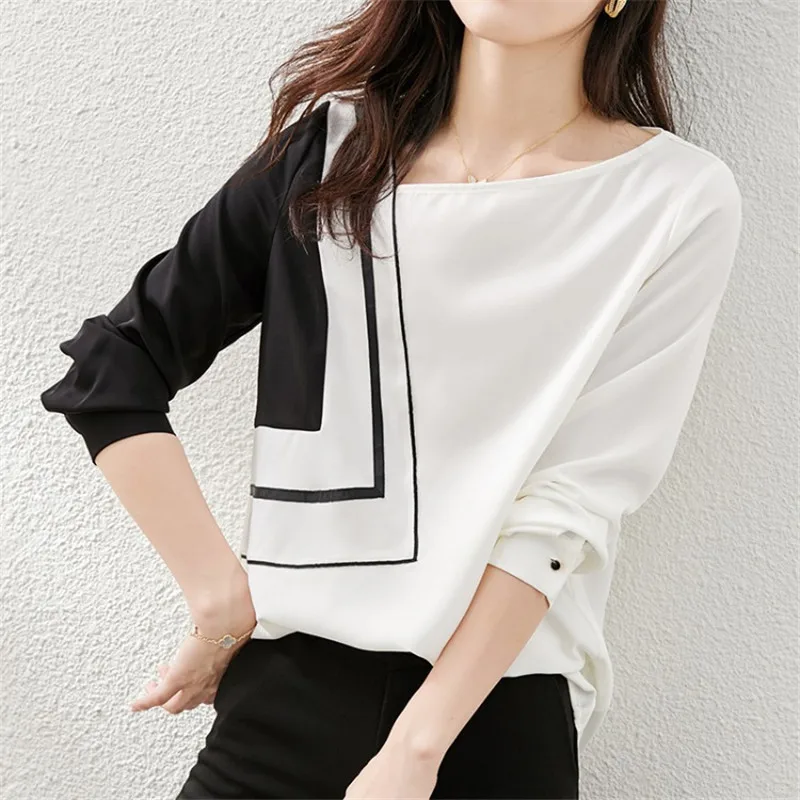 

New Vintage Print Office Lady Blouse Female Shirt Color Matching Tops Long Sleeve Casual Korean Women Loose Blouses