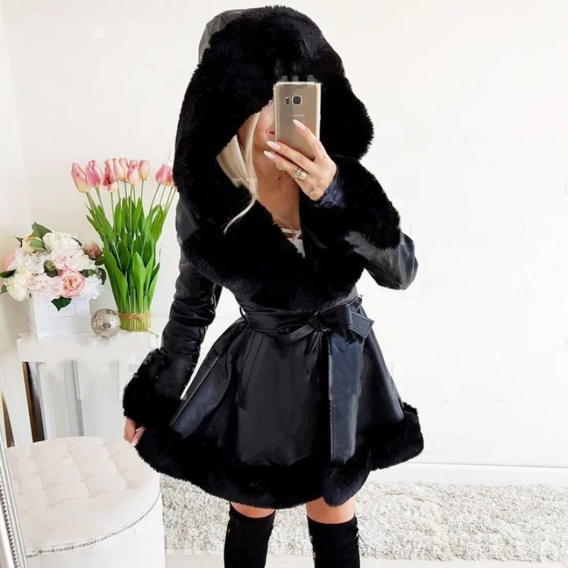 PU Leather Long Jackets Women Fashion Tie Belt Waist Coats Women Elegant Side Pockets Faux Fur Jackets Female Ladies Noble Coat