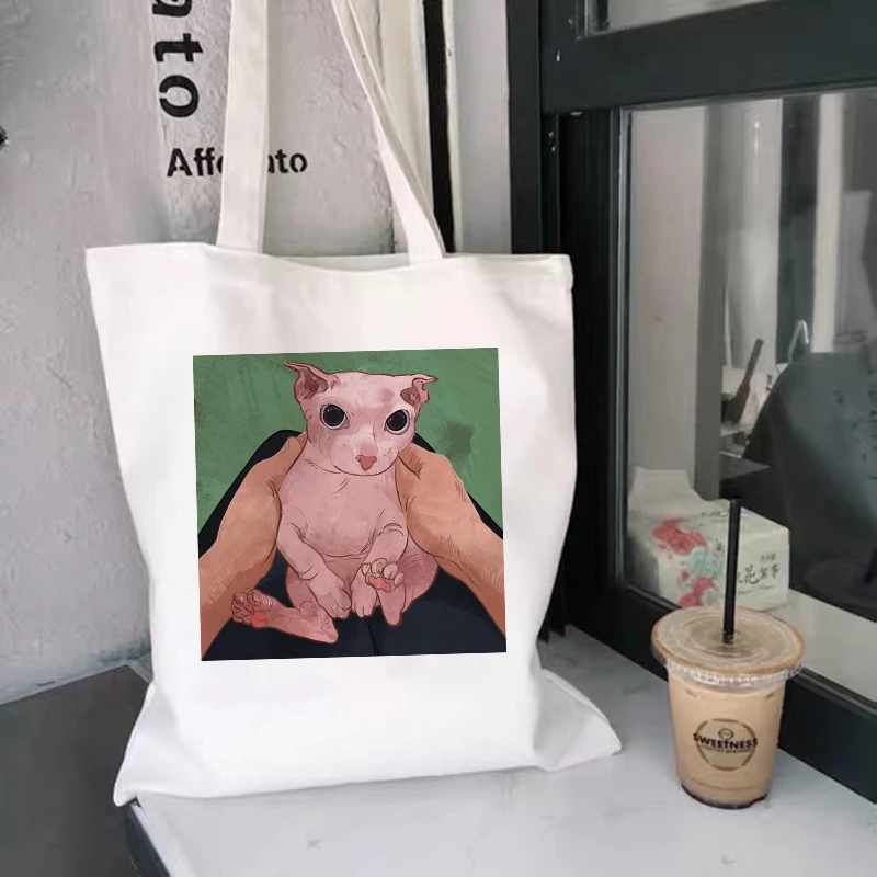

Винтажная Холщовая сумка-тоут с мультяшным котом, большая Экологически чистая женская сумка для покупок для девочек, многоразовая сумка, пл...